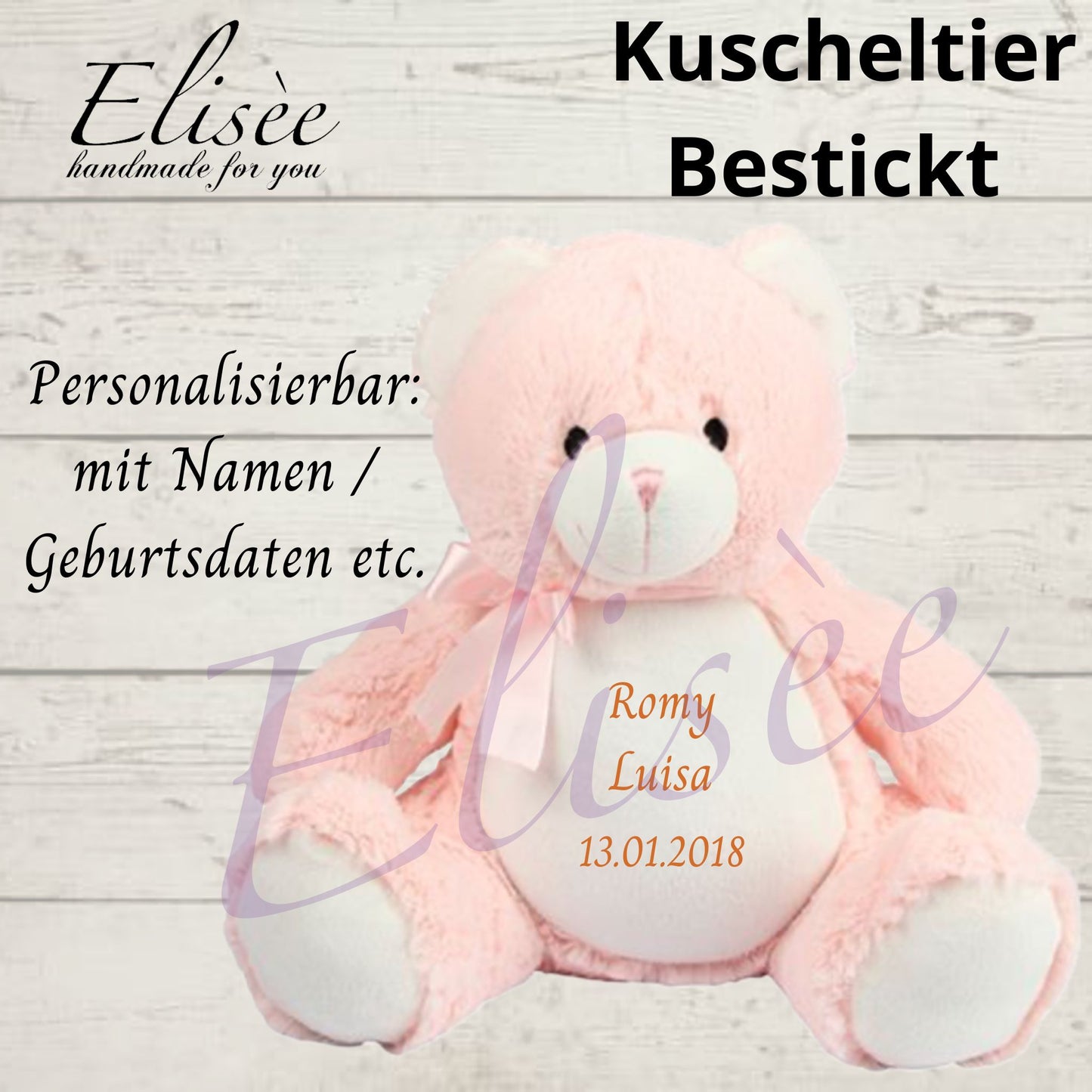 T_02_Plüschtier "Bär Rosa" bestickt mit Namen | Personalisierung