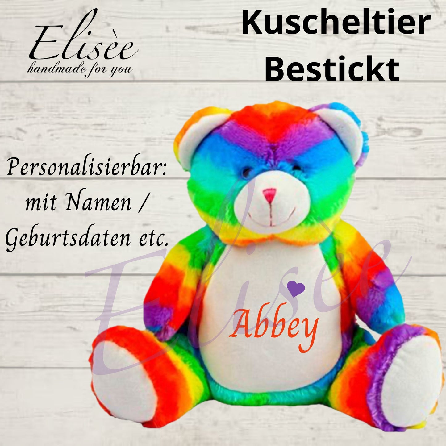 T_02_Plüschtier "Regenbogenbär" bestickt mit Namen | Personalisierung