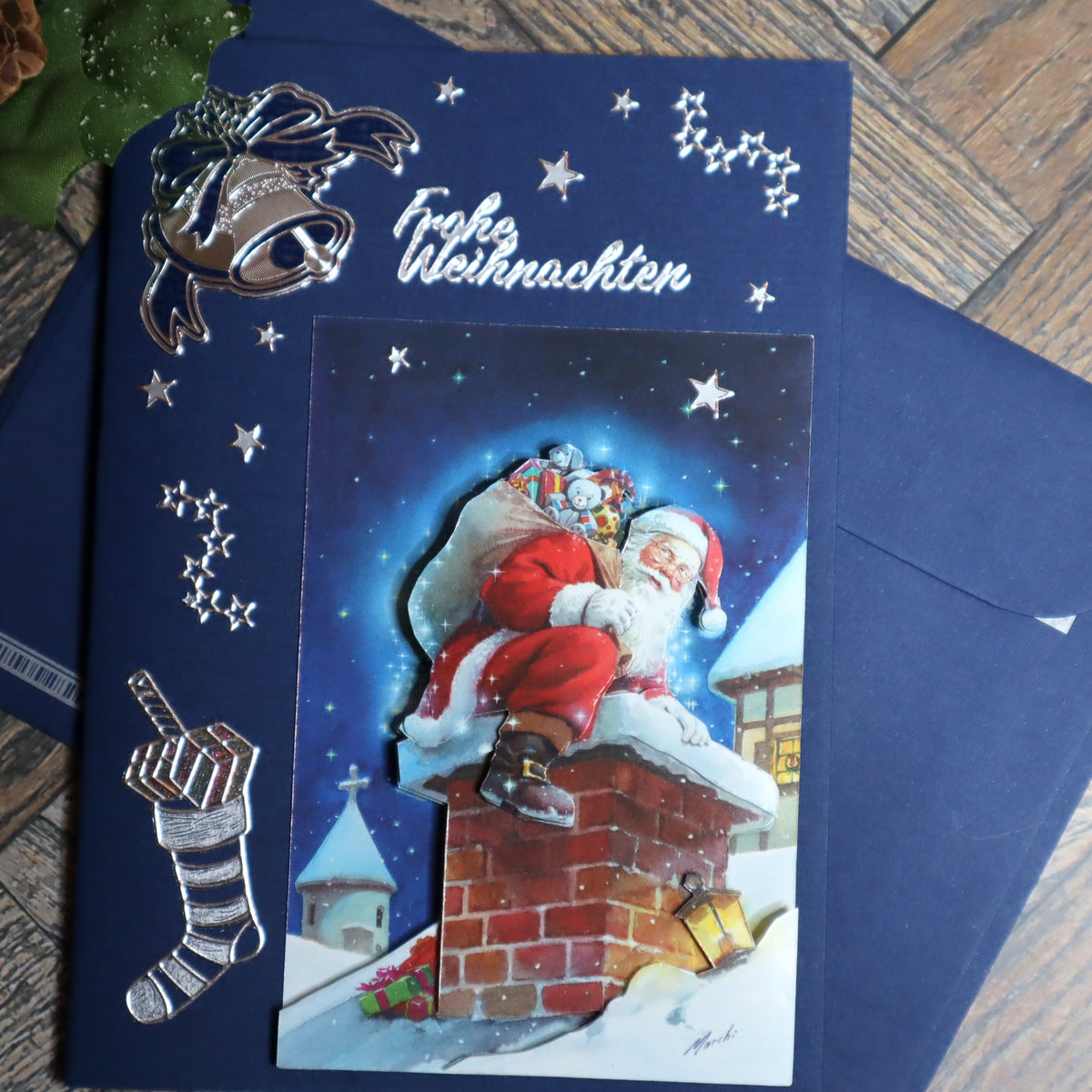 P_0008_Handgemachte Weihnachtskarte mit dem Weihnachtsmann auf dem Dach