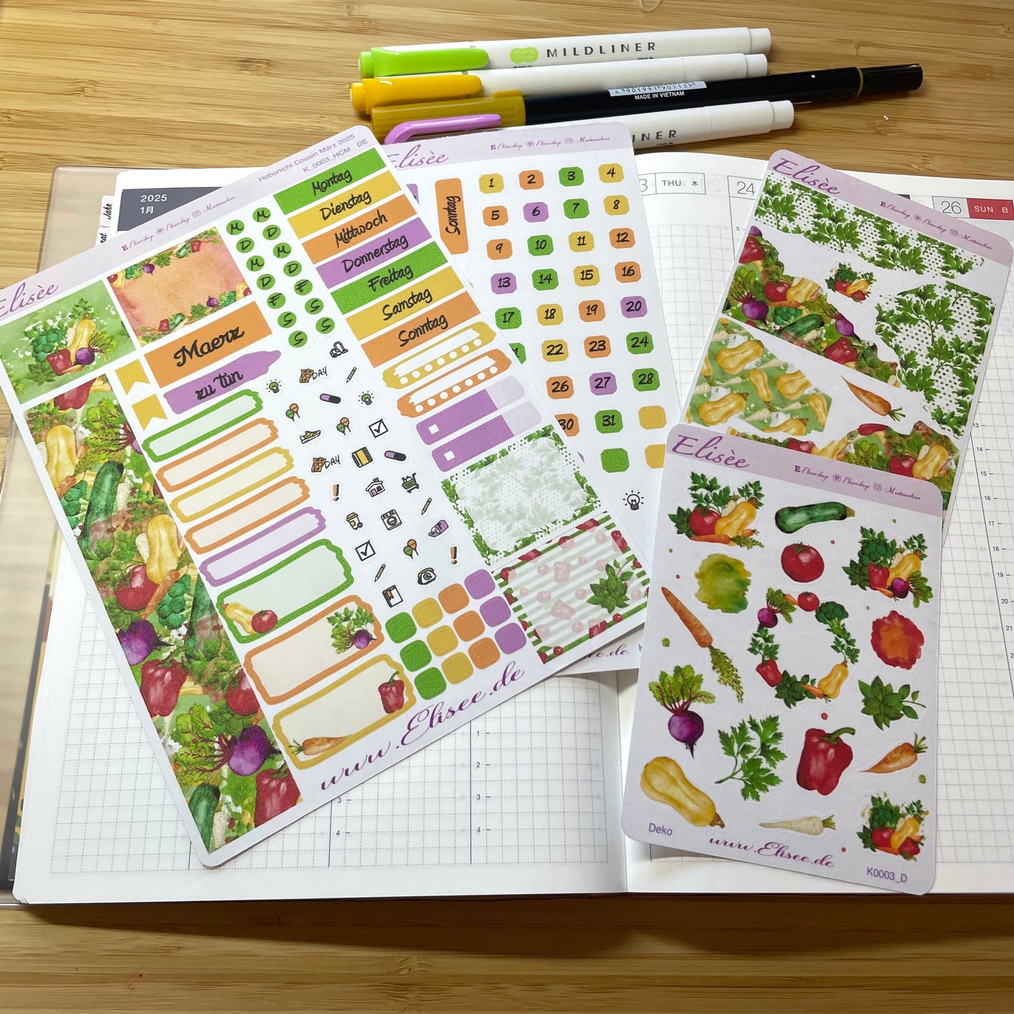 K0003_"VEGETABLES" März 2025 Monatskit Hobonichi Cousin / A5 / Bullet Journal