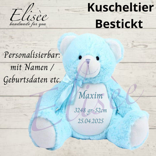 T_02_Plüschtier "Bär Blau"  bestickt mit Namen | Personalisierung