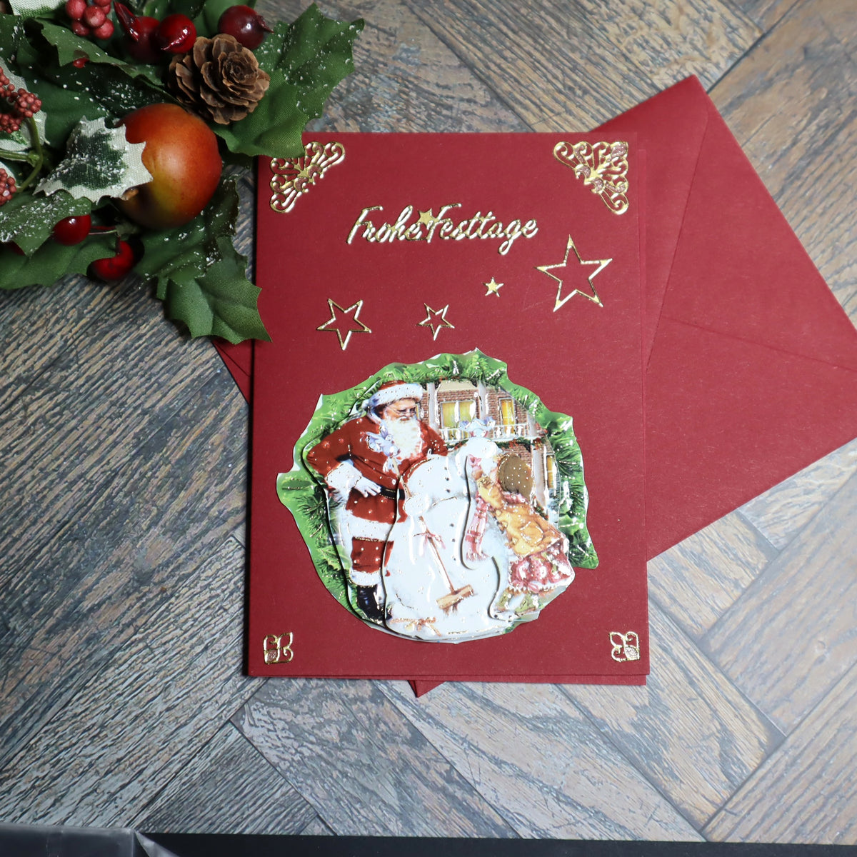 P_0009_Handgemachte Weihnachtskarte mit Weihnachtsmann und Schneemann