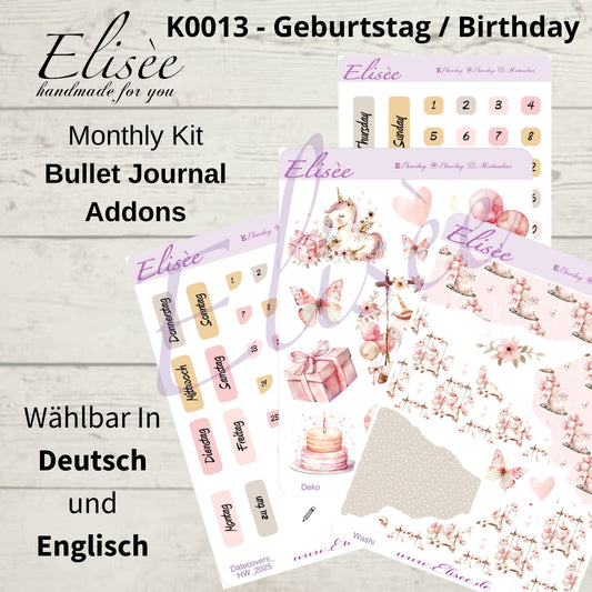 K0013_"BIRTHDAY UNICORN" 2025 Deko und Washi / Bullet Journal / Cousin / Weeks