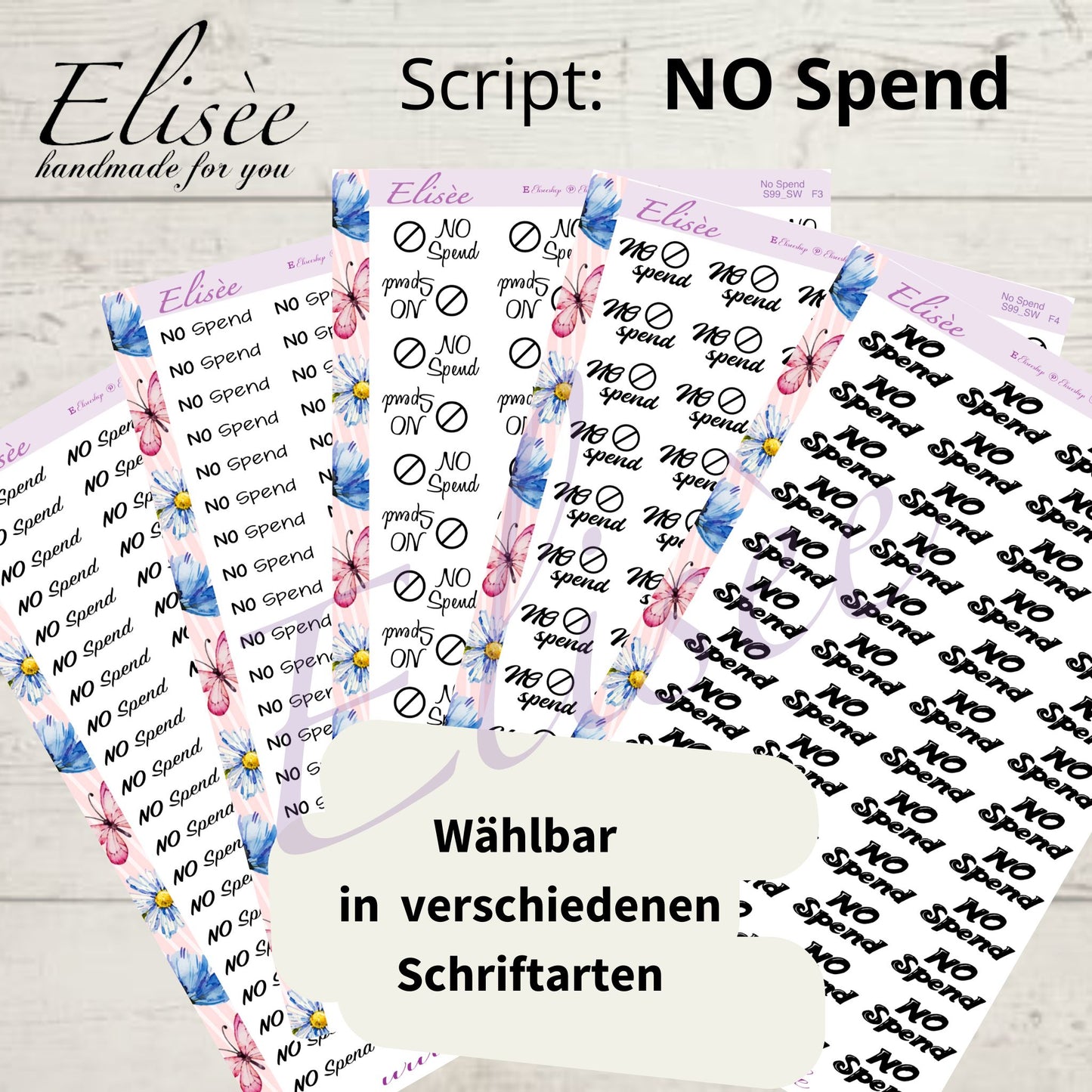 S99 Script Sticker "NO SPEND" Big Sheet | Aufkleber | Bullet Journal